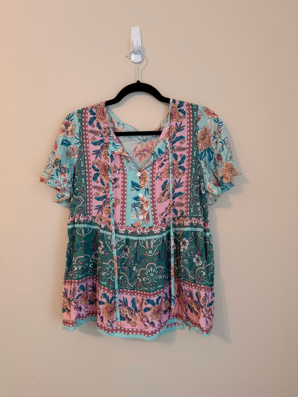 Boho floral print flounce sleeve tie neck blouse